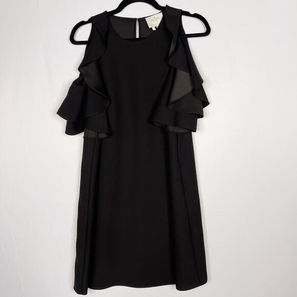 Kate Spade Small S Black Ruffled Crepe Cold Shoulder Dress LBD Cocktail Shift - Picture 1 of 12